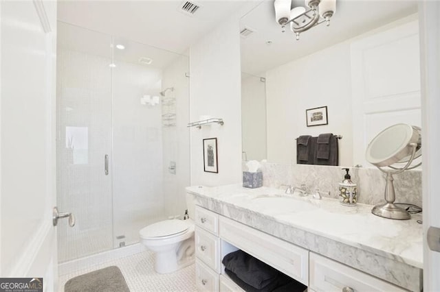 bathroom featuring toilet, vanity, visible vents, a stall shower, and tile patterned flooring