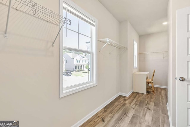 walk in closet with wood finished floors