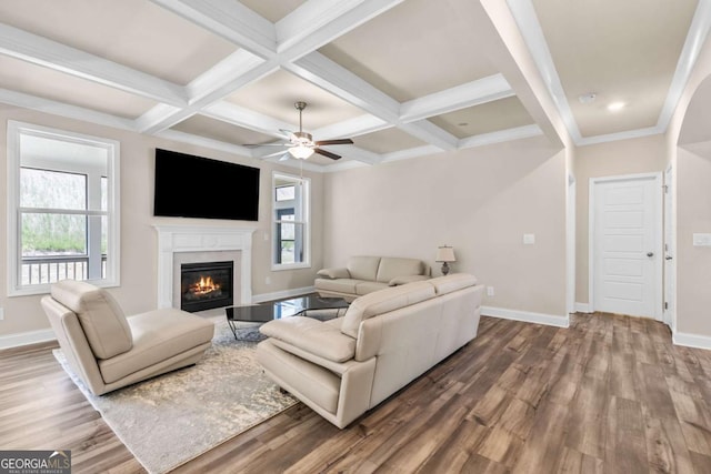 living area with baseboards, wood finished floors, a glass covered fireplace, and a ceiling fan