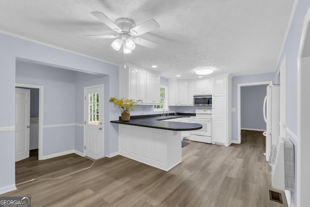 201 Oakdale Dr, Cornelia, GA 30531 - kitchen with white appliances, a sink, a textured ceiling, a peninsula, and white cabinets