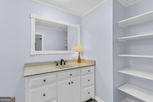 201 Oakdale Dr, Cornelia, GA 30531 - bathroom featuring crown molding, vanity, and a textured ceiling