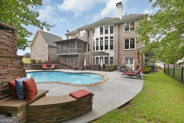 view of swimming pool featuring a sunroom, fence, a patio, a jacuzzi, and a pergola