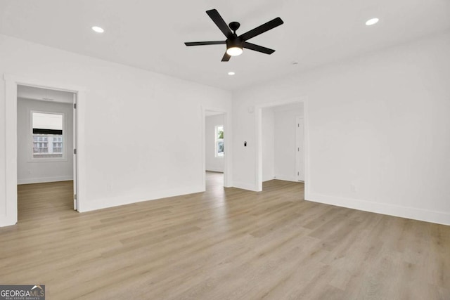 interior space with light wood-style flooring, recessed lighting, and ceiling fan