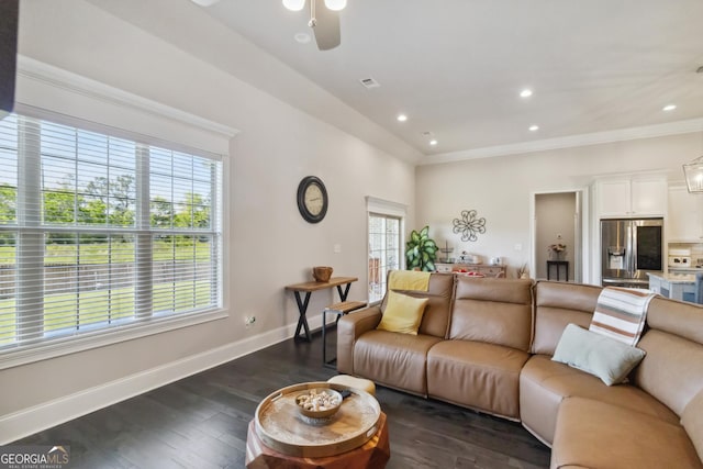 906 Abingdon Cv, Bonaire, GA 31005 - living room featuring dark wood-style floors, ceiling fan, recessed lighting, and crown molding
