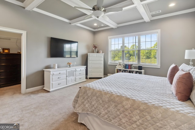906 Abingdon Cv, Bonaire, GA 31005 - bedroom with coffered ceiling, beamed ceiling, light carpet, recessed lighting, and a ceiling fan