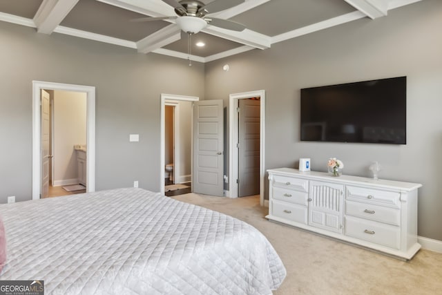 906 Abingdon Cv, Bonaire, GA 31005 - bedroom featuring beam ceiling, recessed lighting, light carpet, a walk in closet, and ensuite bath