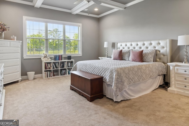 906 Abingdon Cv, Bonaire, GA 31005 - bedroom with beam ceiling, coffered ceiling, ornamental molding, light colored carpet, and recessed lighting
