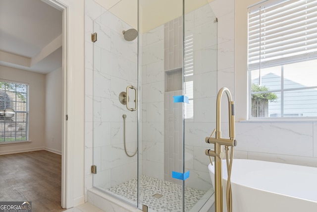103 St Albans Way, Peachtree City, GA 30269 - full bath with a freestanding bath, baseboards, a shower stall, and wood finished floors