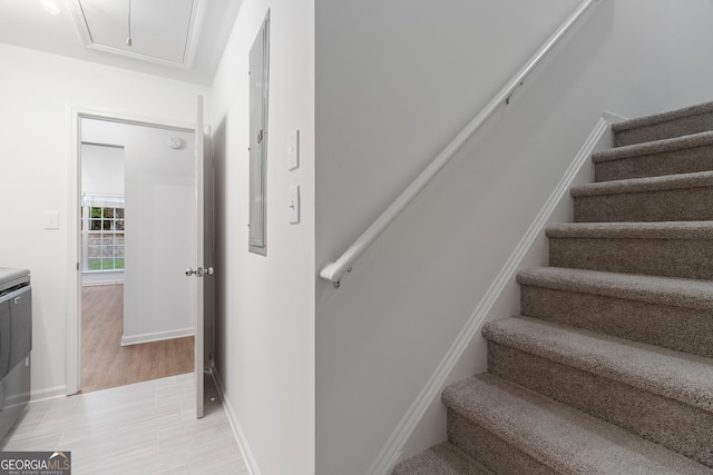 103 St Albans Way, Peachtree City, GA 30269 - staircase featuring baseboards and attic access