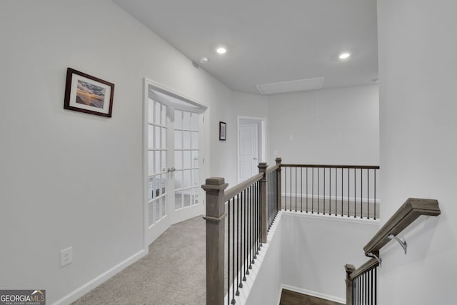 7108 Birch View Ct, Flowery Branch, GA 30542 - corridor with attic access, an upstairs landing, recessed lighting, and carpet