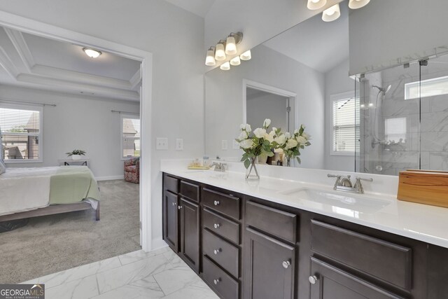 7108 Birch View Ct, Flowery Branch, GA 30542 - full bathroom with connected bathroom, double vanity, healthy amount of natural light, and a marble finish shower