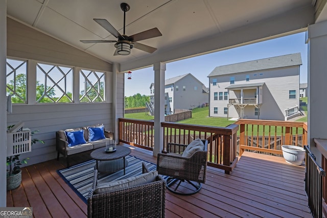 7108 Birch View Ct, Flowery Branch, GA 30542 - wooden deck featuring outdoor lounge area, a ceiling fan, a yard, and a residential view