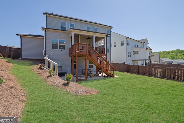 7108 Birch View Ct, Flowery Branch, GA 30542 - rear view of property featuring a ceiling fan, stairway, a fenced backyard, and a patio