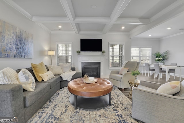 7108 Birch View Ct, Flowery Branch, GA 30542 - living room with beam ceiling, a glass covered fireplace, plenty of natural light, coffered ceiling, and recessed lighting