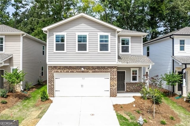 view of front of house featuring concrete driveway, brick siding, roof with shingles, and a garage