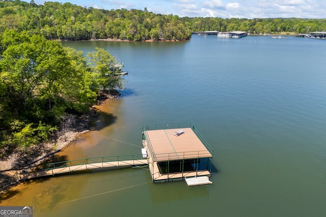dock area featuring a forest view and a water view