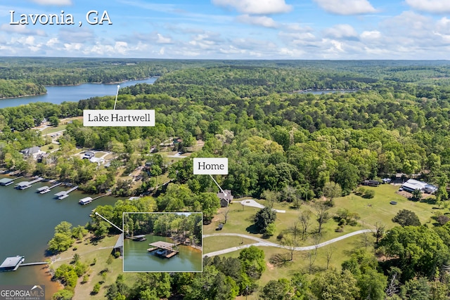aerial view featuring a view of trees and a water view