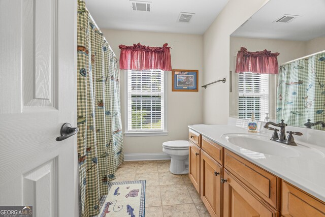 full bathroom with visible vents, toilet, and vanity