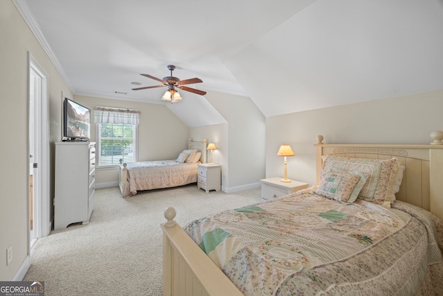 bedroom featuring ceiling fan, baseboards, ornamental molding, and carpet