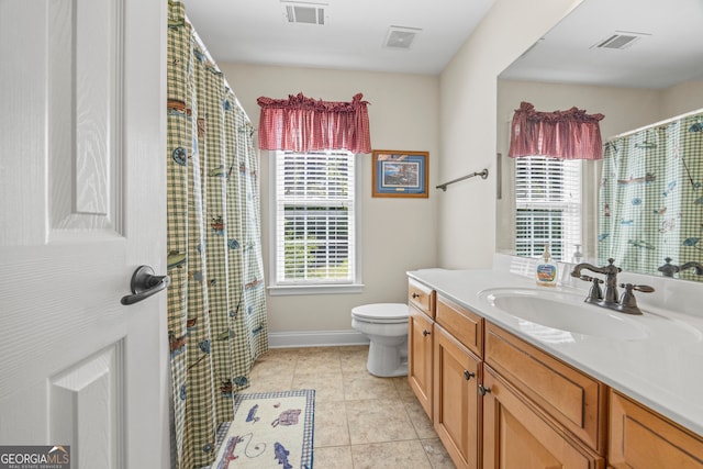 full bathroom with visible vents, toilet, and vanity