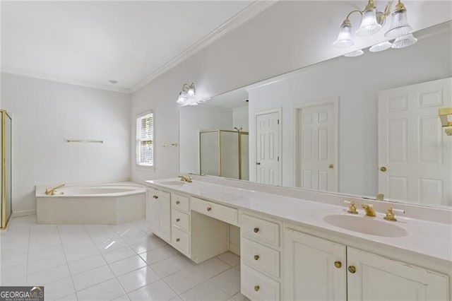 bathroom with a bath, tile patterned floors, a sink, a stall shower, and ornamental molding