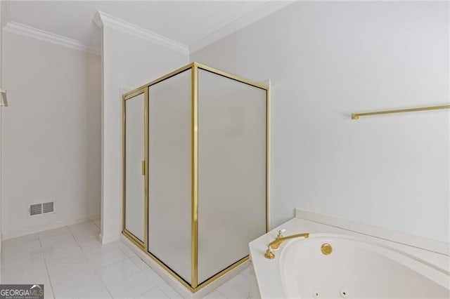 bathroom with a shower stall, ornamental molding, a tub with jets, and visible vents