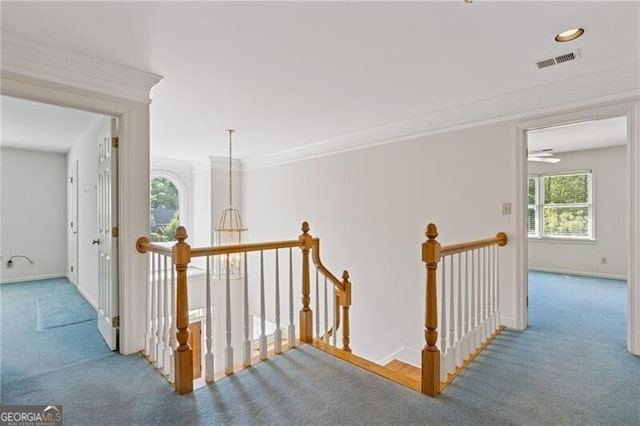 corridor with carpet floors and an upstairs landing