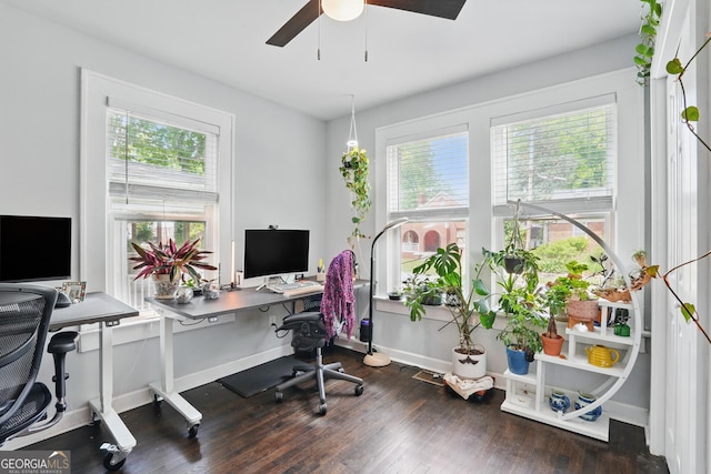 home office featuring baseboards, plenty of natural light, dark wood finished floors, and ceiling fan