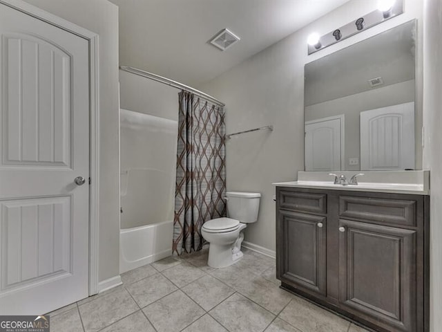 full bath with tile patterned floors, visible vents, toilet, vanity, and baseboards