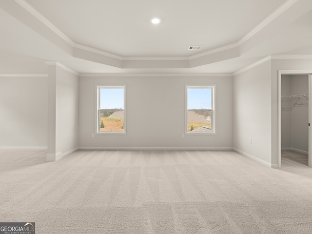 7162 Linden Dr, South Fulton, GA 30349 - unfurnished bedroom with a raised ceiling, crown molding, a spacious closet, light carpet, and multiple windows