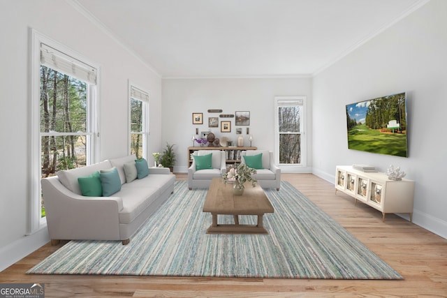 living room featuring plenty of natural light, wood finished floors, and crown molding