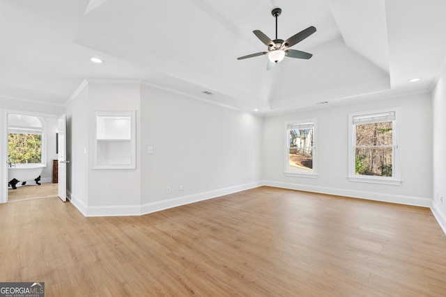 unfurnished living room featuring ceiling fan, baseboards, light wood-style flooring, and recessed lighting