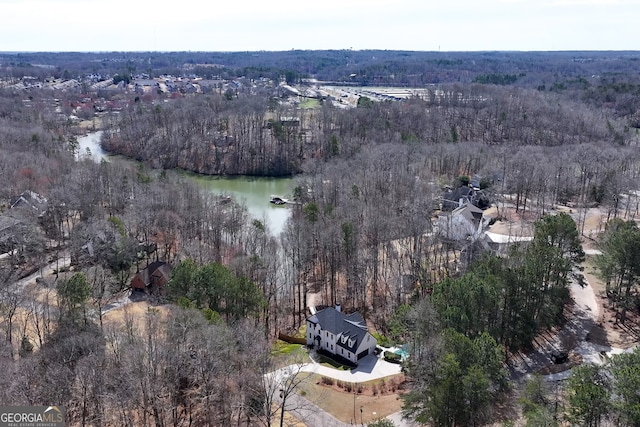 bird's eye view with a view of trees and a water view