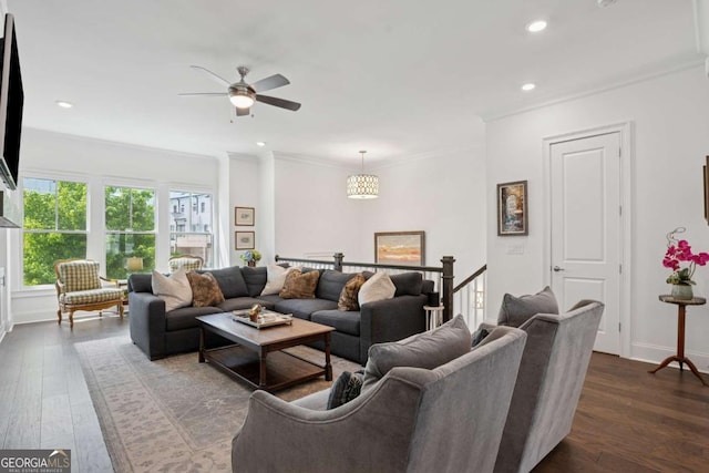 2004 Cortland Rd, Milton, GA 30009 - living room featuring a ceiling fan, dark wood-style floors, and crown molding