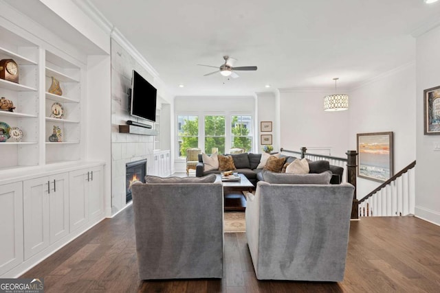 2004 Cortland Rd, Milton, GA 30009 - living room featuring dark wood finished floors, baseboards, recessed lighting, a ceiling fan, and ornamental molding