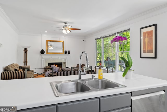 1820 Lyon Ave SW, Atlanta, GA 30331 - kitchen with gray cabinetry, ceiling fan, a lit fireplace, dishwasher, and ornamental molding