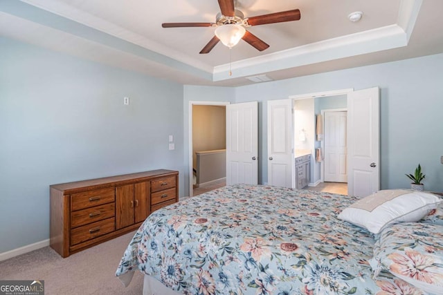 4236 Tacoma Trce, Suwanee, GA 30024 - bedroom with a raised ceiling, light colored carpet, baseboards, a ceiling fan, and ensuite bath
