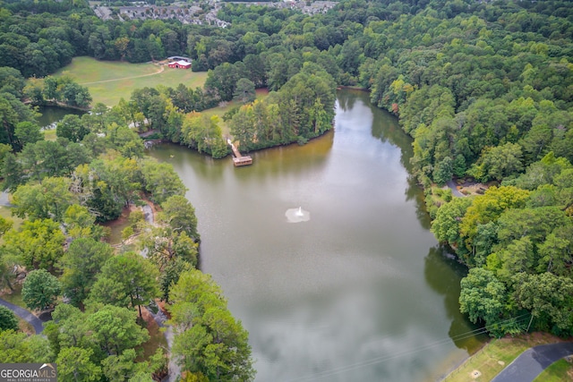 aerial view of property's location featuring a large body of water and a heavily wooded area