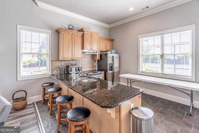 4236 Tacoma Trce, Suwanee, GA 30024 - kitchen with appliances with stainless steel finishes, baseboards, under cabinet range hood, ornamental molding, and a kitchen bar