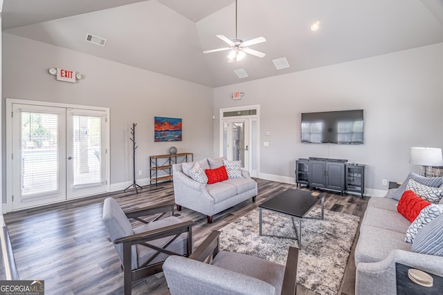 4236 Tacoma Trce, Suwanee, GA 30024 - living room featuring french doors, high vaulted ceiling, ceiling fan, baseboards, and wood finished floors