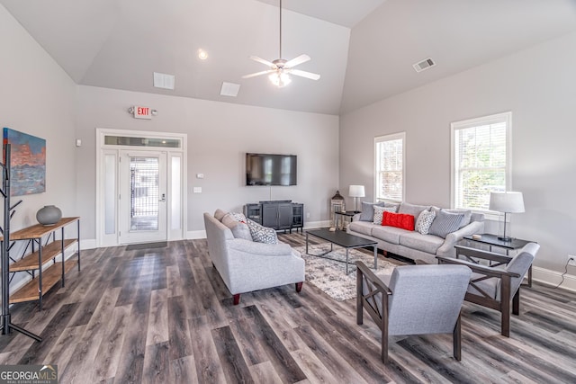 4236 Tacoma Trce, Suwanee, GA 30024 - living room with high vaulted ceiling, healthy amount of natural light, dark wood-style floors, baseboards, and ceiling fan