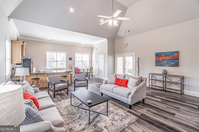 4236 Tacoma Trce, Suwanee, GA 30024 - living room featuring crown molding, wood finished floors, baseboards, a ceiling fan, and recessed lighting