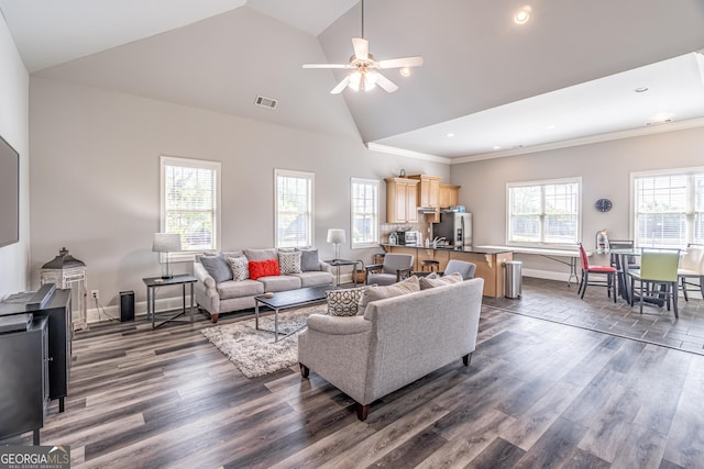 4236 Tacoma Trce, Suwanee, GA 30024 - living room featuring ceiling fan, dark wood-style flooring, recessed lighting, baseboards, and high vaulted ceiling