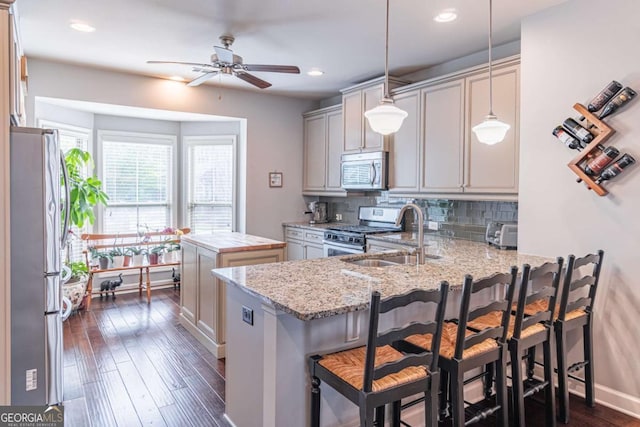 kitchen with appliances with stainless steel finishes, a sink, a ceiling fan, a center island, and dark wood-type flooring
