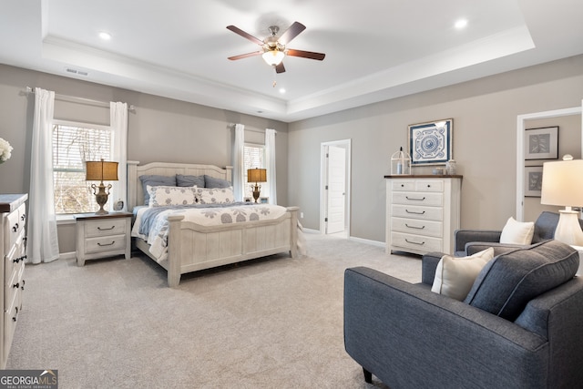 113 Silver Leaf Trce, Douglasville, GA 30134 - bedroom with light carpet, crown molding, a tray ceiling, and recessed lighting