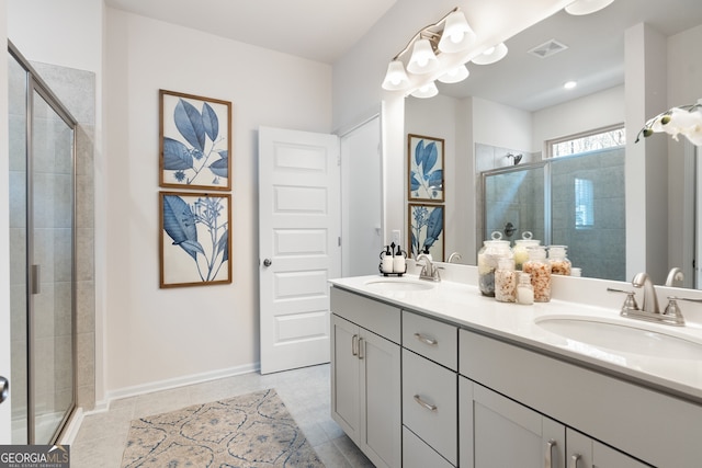 113 Silver Leaf Trce, Douglasville, GA 30134 - bathroom with a shower stall, a sink, visible vents, and double vanity