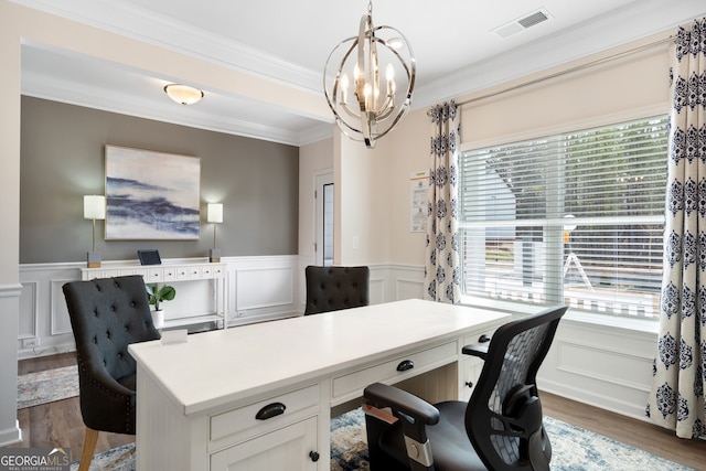 113 Silver Leaf Trce, Douglasville, GA 30134 - office featuring a chandelier, a decorative wall, dark wood-type flooring, and ornamental molding