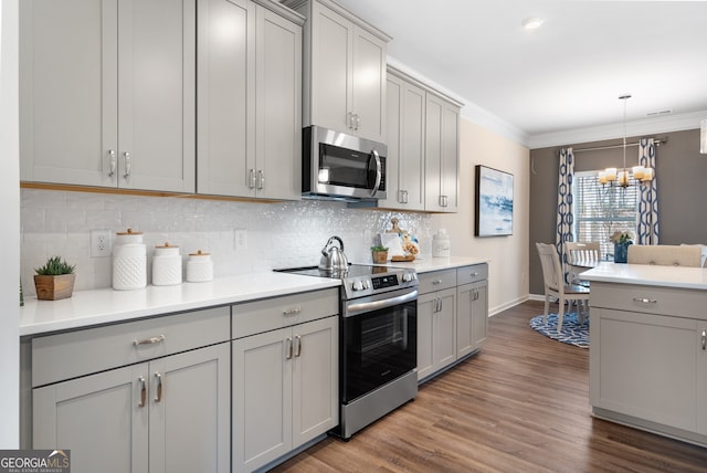 113 Silver Leaf Trce, Douglasville, GA 30134 - kitchen featuring gray cabinets, an inviting chandelier, stainless steel appliances, baseboards, and ornamental molding