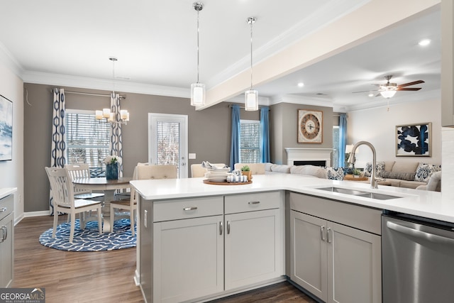 113 Silver Leaf Trce, Douglasville, GA 30134 - kitchen featuring light countertops, dishwasher, ornamental molding, a sink, and a fireplace