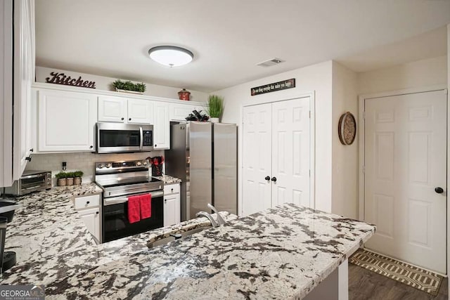 kitchen featuring dark wood finished floors, light stone counters, a toaster, stainless steel appliances, and white cabinets